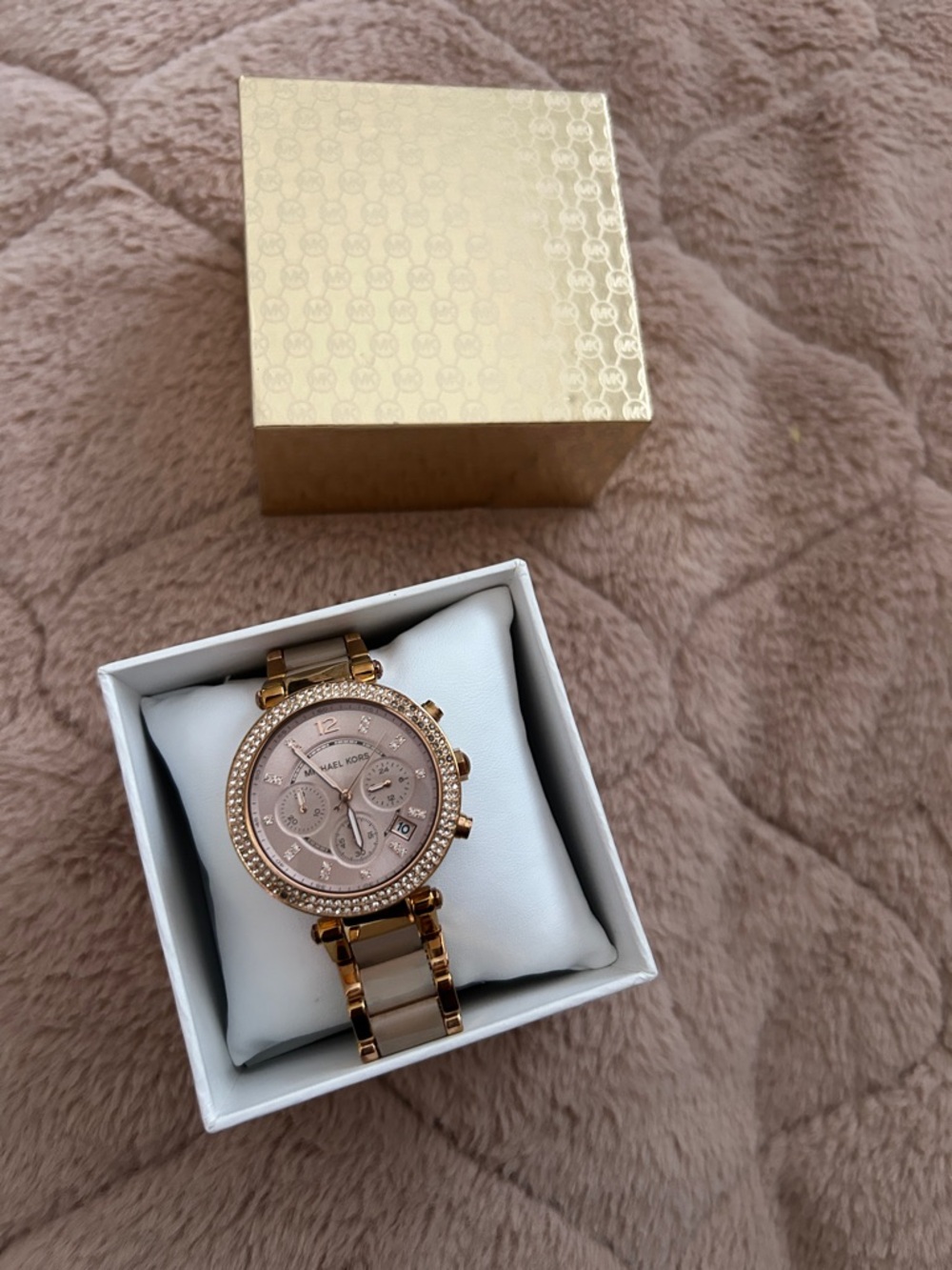 Michael Kors Rose Gold and Beige Crystal-Accent Chronograph Watch